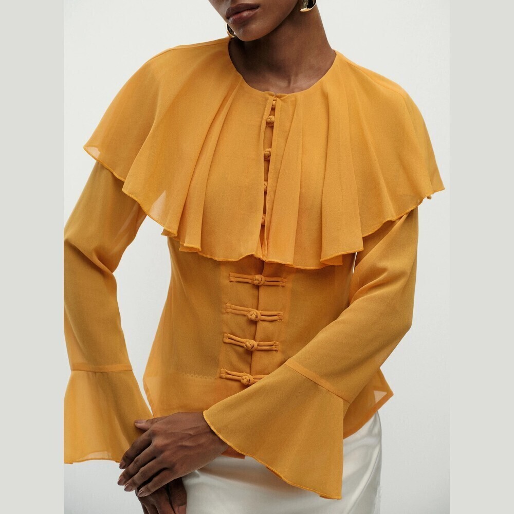 Marigold Chiffon Ruffle Cape Collar Frog Button Bell Sleeve Blouse